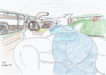 anthro bottomwear car car_interior clothed clothing detailed_background duo facial_markings female fur genital_outline head_markings inside_car inside_vehicle macro male markings motor_vehicle muscular muscular_female pants size_difference tail vehicle dirtyredpaint disney ford_f250 trabant zootopia jack_savage skye_(zootopia) arctic_fox canid canine fox hare lagomorph leporid mammal rabbit true_fox hi_res