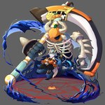 anthro bone clothing duo feral holidays horn jack-o'-lantern looking_at_viewer male runes skeleton weapon young young_anthro mrshu halloween avian bird parrot 1:1 2021 absurd_res hi_res signature