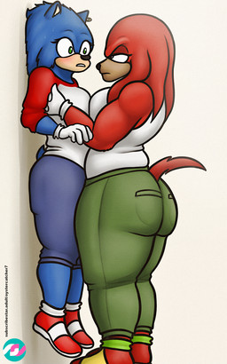 anthro big_butt blush bodily_fluids bottomwear breast_squish breasts butt butt_squish clothed clothed_anthro clothed_female clothing crossgender dark_body dark_skin duo ear_piercing ear_ring eye_contact female flustered footwear fully_clothed fully_clothed_anthro fully_clothed_female green_bottomwear green_clothing green_pants larger_female lifting_partner looking_at_another male meme_pose mtf_crossgender muscular muscular_male pants piercing pinned pinned_to_wall red_clothing red_footwear red_shoes ring_piercing serious_face shoes size_difference smaller_anthro smaller_female squish sweat sweatdrop wide_eyed oystercatcher7 sega sonic_the_hedgehog_(series) tall_woman_lifting_short_woman knuckles_the_echidna sonic_the_hedgehog alien echidna eulipotyphlan hedgehog mammal monotreme absurd_res hi_res