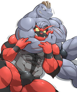 abs anthro arm_tuft bulge butt chokehold claws duo elbow_tuft fingernails grin headlock looking_at_another looking_at_partner male muscular muscular_male nails nipples shaking smile thick_thighs tuft maldu nintendo pokemon generation_1_pokemon generation_7_pokemon incineroar machoke pokemon_(species) 2019 5:6 absurd_res hi_res