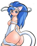 armwear blue_eyes blue_hair blush breasts butt clothing elbow_gloves female gloves hair handwear long_hair looking_at_viewer looking_back looking_back_at_viewer nipples side_boob simple_background solo standing tail white_background noise_(artist) capcom darkstalkers felicia_(darkstalkers) animal_humanoid cat_humanoid domestic_cat felid felid_humanoid feline feline_humanoid felis humanoid mammal mammal_humanoid