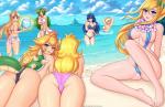 beach bikini blonde_hair blue_eyes blue_hair blush bottomwear breasts butt cleavage clothed clothing cloud crown eyelashes feet female floral flower flower_garland garland green_eyes green_hair group hair hair_over_eye headgear holding_object human_focus humanoid_pointy_ears inflatable lei long_hair looking_at_viewer looking_back lying navel not_furry_focus on_front one-piece_swimsuit one_eye_obstructed open_mouth open_smile outside partially_submerged pasties plant pointy_ears ponytail print_bottomwear print_clothing print_sarong sarong seaside sitting sling_bikini smile standing star star_pasties super_crown swimwear text triforce triforce_print two-piece_swimsuit water twistedscarlett60 bowsette_meme fire_emblem kid_icarus mario_bros metroid nintendo super_mario_galaxy the_legend_of_zelda bowser lucina palutena princess_peach princess_zelda rosalina_(mario) samus_aran animal_humanoid human humanoid hylian koopa_humanoid mammal scalie scalie_humanoid 2019 crossover digital_media_(artwork) hi_res meme url