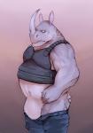 anthro biceps biped bottomwear bottomwear_down clothed clothing gradient_background green_eyes grey_body grey_skin horn male muscular muscular_anthro muscular_male naturally_censored pants pants_down partially_clothed simple_background solo standing anubis-kruger disney zootopia officer_mchorn mammal rhinoceros