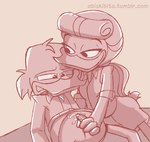 anthro ball_fondling balls beak bodily_fluids clothed clothing cradling cum duo female fondling genital_fluids genitals handjob male male/female narrowed_eyes penile penis seductive sex smile spread_legs spreading text scroldiensfw disney ducktales ducktales_(2017) goldie_o'gilt scrooge_mcduck anatid anseriform avian bird duck url