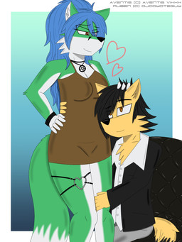 anthro blue_hair bracelet breasts chair clothed clothing cuddling duo female fur furniture gradient green_body green_fur hair hug inverted_pentacle jewelry male necklace occult_symbol pentacle pentagram romantic romantic_couple simple_background sitting standing symbol djcoyoteguy aventis ruben_(djcoyoteguy) canid canine canis coyote fox mammal 3:4 hi_res