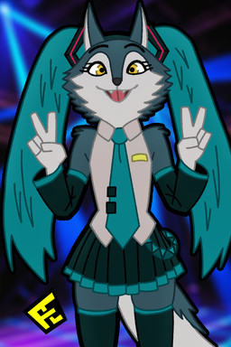 accessory anthro armwear belt bottomwear clothing cosplay crossover_cosplay detached_sleeves female gesture hair hair_accessory hairclip hand_gesture happy legwear looking_at_viewer necktie ponytail skirt sleeveless_shirt smile smiling_at_viewer solo stockings v_sign aceexcel illumination_entertainment sing_(movie) vocaloid yamaha_corporation hatsune_miku porsha_crystal canid canine canis mammal wolf 2:3 crossover hi_res