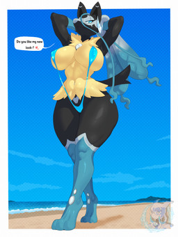 anthro asking_viewer bangs beach big_breasts black_body black_fur blue_body blue_eyes blue_fur breasts camel_toe clothing dialogue eyewear female fur glasses grey_body grey_fur hair heart_after_text heart_symbol huge_breasts long_hair looking_at_viewer navel navel_piercing one-piece_swimsuit piercing pose sling_bikini solo speech_bubble swimwear talking_to_viewer tan_body tan_fur text thick_thighs wide_hips emmet_twunks nintendo pokemon pokemon_legends_z-a canid canine generation_9_pokemon mammal mega_evolution mega_lucario_z pokemon_(species) absurd_res artist_name colored detailed digital_drawing_(artwork) digital_media_(artwork) english_text hi_res signature