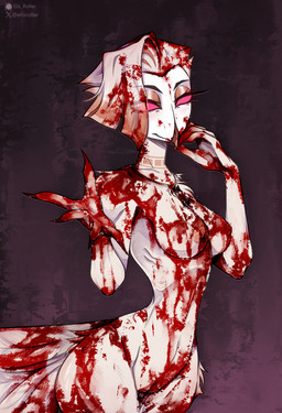anthro areola beak blood blood_on_face bodily_fluids breasts claws covered_in_blood eyelashes feathers female genitals gore hair jewelry navel necklace nipples nude nude_anthro nude_female red_eyes short_hair solo tail tail_feathers vulva white_body white_feathers white_hair elis_roller hellaverse the_lesser_key_of_solomon vilhelmina avian bird demon owl owl_demon hi_res