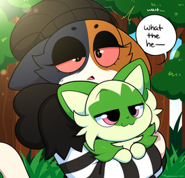 ambiguous_gender anthro bloodshot_eyes day detailed_background drugs duo feral forest forest_background happy holding_cat marijuana nature nature_background outside pink_eyes plant smug smug_face stoned substance_intoxication tree puppysnackz epic_games fortnite nintendo pokemon weed_cat_(meme) meow_skulls domestic_cat felid feline felis generation_9_pokemon mammal pokemon_(species) sprigatito hi_res female_(lore)