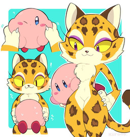 anthro claws countershading duo female fur makeup nude smile spots thick_thighs tuft wide_hips kiirono kirby_(series) kirby_and_the_forgotten_land nintendo clawroline kirby felid leopard mammal pantherine