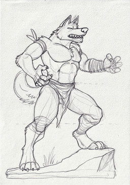 anthro bandage bandaged_arm bared_teeth bottomwear claws clothed clothing finger_claws head_tuft loincloth male male_anthro muscular muscular_anthro muscular_male narrowed_eyes pecs rock simple_background solo standing teeth text toe_claws topless tuft hufnaar canid canine mammal absurd_res english_text full-length_portrait hi_res monochrome portrait sketch