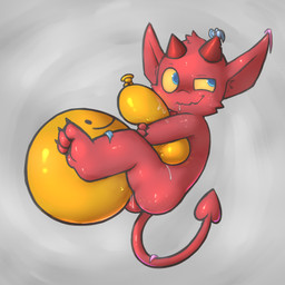 anthro balloon balloon_fetish balloon_popping biped blue_eyes bodily_fluids butt cum drooling floating genital_fluids holding_balloon horn imp_tail inflatable male midair nude popped_balloon saliva simple_background smiley_balloon solo sweat tail yellow_sclera young young_anthro young_male badipoki imp 1:1 absurd_res hi_res