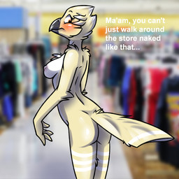 anthro areola beak blush breasts butt clothed clothed/nude clothing dialogue embarrassed embarrassing_nudity feathers female looking_back medium_breasts nipples non-mammal_breasts non-mammal_nipples nude only_one_nude public public_nudity standing store tail tail_feathers text ryofox630 indy_(nopetrol) avian bird 1:1 digital_media_(artwork) english_text hi_res