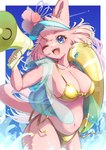accessory anthro big_breasts bikini blue_eyes breasts clothing collarbone eyebrows eyelashes female flower flower_in_hair fur gold_bikini hair hair_accessory hat headgear headwear huge_breasts inflatable inner_ear_fluff inner_tube kemono megaphone navel one_eye_closed open_mouth open_smile pink_body pink_fur pink_hair plant shirt side-tie_bikini slightly_chubby slightly_chubby_anthro slightly_chubby_female smile solo string_bikini swimwear thick_thighs topwear translucent translucent_clothing translucent_shirt translucent_topwear tuft two-piece_swimsuit under_boob visor_cap wink calicolycoris golden_week domestic_cat felid feline felis mammal 2025 absurd_res hi_res
