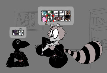 anthro beak big_breasts big_butt big_eye black_clothing bodily_fluids bodysuit boots breasts butt clothed clothing duo female female_anthro femme_fatale footwear fur gameplay_mechanics huge_breasts inventory larger_male looking_down looking_down_at_self male markings pouch_(clothing) raccoon_tail ring shoes simple_background size_difference skinsuit small_breasts stripes tail tail_markings thief tight_clothing wings diegutan carmen_the_crow uva_the_raccoon avian bird corvid corvus_(genus) crow mammal oscine passerine procyonid raccoon hi_res