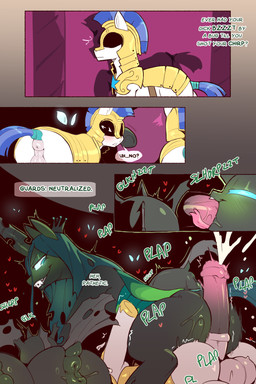 animal_genitalia animal_penis balls black_body black_tail blue_tail blush clothing dialogue ejaculation equine_genitalia equine_penis erection female feral fur genitals green_body group hooves male male/female penis quadruped question_mark side_view speech_bubble tail white_body white_fur cold-blooded-twilight equid equine horse mammal pony hi_res