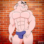 abs anthro balls_outline biped black_eyebrows brick_wall buckteeth bulge bulge_grab closed_smile clothed clothing detailed_bulge eyebrows eyelashes featureless_chest fur genital_outline glistening glistening_body male mouth_closed muscular muscular_anthro muscular_male penis_outline pink_body pink_fur pink_nose raised_eyebrow smile solo standing teeth topless topless_anthro topless_male wall_(structure) whiskers fabfelipe cartoon_network the_amazing_world_of_gumball richard_watterson lagomorph leporid mammal rabbit 1:1 2017 digital_media_(artwork) hi_res portrait three-quarter_portrait