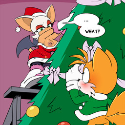 accident accidental_exposure anthro areola asking asking_another asking_what big_breasts blush breasts christmas_clothing christmas_headwear christmas_tree cleavage clothed clothing conjoined_speech_bubble dialogue duo ellipsis female hat headgear headwear holidays inside male nipple_slip nipples plant question santa_hat speech_bubble talking_to_another text tree hyoumaru christmas sega sonic_the_hedgehog_(series) miles_prower rouge_the_bat bat canid canine fox mammal 1:1 english_text