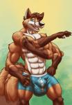 2_tails 4_arms 4_pecs anthro biped black_body black_fur blue_eyes boxers_(clothing) brown_body brown_fur bulge claws clothing fur looking_at_viewer male markings multi_arm multi_limb multi_pecs multi_tail multifur muscular muscular_anthro muscular_male nipples orange_body orange_fur pecs pink_nipples simple_background smile solo standing tail tail_markings underwear v-cut white_body white_fur theneonfox chipfox canid canine fox mammal red_fox true_fox 2016