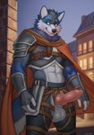 abs animal_genitalia anthro armor balls canine_genitalia clothing clothing_aside erection eyebrows fur genitals hair knot male muscular muscular_male navel sheath smile solo tail thigh_cutout underwear underwear_aside white_body white_fur ai_generated_background mouldirou canid canine mammal digital_drawing_(artwork) digital_media_(artwork) hi_res