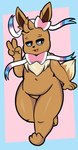 alternate_species anthro blue_sclera bow_tie brown_body brown_fur brown_hair chest_tuft feet femboy fingers fur gesture hair hand_gesture looking_at_viewer male navel short_hair simple_background smile solo standing thick_thighs toes tongue tuft v_sign wide_hips someth1ngoranother nintendo pokemon veris eevee eeveelution generation_1_pokemon generation_6_pokemon hybrid mammal pokemon_(species) sylveon 2021 absurd_res digital_media_(artwork) hi_res