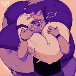 anthro band-aid band-aid_on_face band-aid_on_nose bandage bandage_on_face bandage_on_nose belly belly_peeking_out belt big_belly biped bottomwear chokehold claws clothing duo headlock huge_belly jewelry male muffin_top musclegut muscular muscular_anthro muscular_arms muscular_male necklace overweight overweight_anthro overweight_male pants shirt size_difference t-shirt topwear undersized_clothing wwwonderpuff anthro_anon wonderpuff_(character) canid canine canis coyote mammal 2025 digital_drawing_(artwork) digital_media_(artwork) hi_res