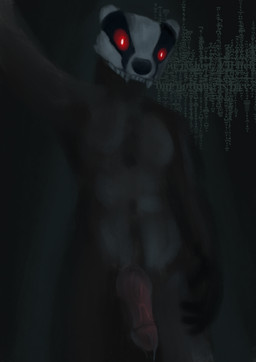 anthro bare_chest biped dark darkness demonic genitals glans glowing glowing_eyes horror_(theme) humanoid_genitalia humanoid_penis male night no_lower_jaw nude penis red_eyes solo teeth vein veiny_penis dachsi badger demon european_badger mammal meles mustelid musteline absurd_res digital_media_(artwork) hi_res