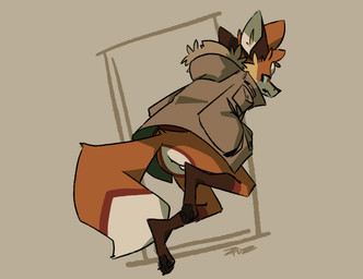 abstract_background anthro balls bottomless clothed clothing genitals jacket looking_back male simple_background solo topwear zucchinifuzz canid canine fox mammal digital_media_(artwork) hi_res