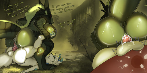 amazon_position anthro anus balls big_breasts big_butt blue_horn bodily_fluids breasts butt cum cum_in_vagina cum_inside dialogue dominant dominant_female duo erection female female_penetrated fluffy fluffy_tail fur genital_fluids genitals green_body green_scales horn huge_breasts impregnation larger_female leg_grab male male/female male_penetrating male_penetrating_female nude ovum penetration penile penile_penetration penis penis_in_vagina power_bottom red_eyes scales sex size_difference sperm_cell swamp sweat sweaty_butt tail text thick_tail vaginal vaginal_penetration white_body white_fur akefesauce mythology ak_(akefesauce) canid canine dragon mammal mythological_creature mythological_scalie scalie absurd_res english_text hi_res