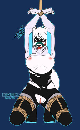 angry anthro areola arms_above_head bdsm biped blush bondage bound breasts cleave_gag clitoris clothing domino_mask eyemask eyewear female female_anthro flustered frogtied fur gag genitals hair hands_tied hero heroine humanoid_genitalia humanoid_vulva kneeling legs_tied mask muzzle_(object) muzzled nipples rope skinsuit solo tight_clothing tight_suit torn_clothing vulva wearing_mask white_body white_fur white_hair trevhart selin_malianis canid canine canis mammal wolf 2022 alpha_channel hi_res