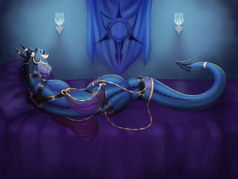 accessory banner bed blue_body chain clothed clothed_feral clothing ear_piercing facial_piercing feral fin furgonomics furniture gold_(metal) gold_chain gold_jewelry harness horn horn_jewelry horn_ring jewelry latex latex_clothing latex_collar latex_harness lying lying_on_bed male mouth_veil nose_piercing nose_ring on_bed piercing pointed_tail rear_view ring ring_(jewelry) ring_piercing solo suggestive tail tail_accessory tail_jewelry tail_ring veil alvasir_(artist) mythology alvasir dragon mythological_creature mythological_scalie scalie wingless_dragon 4:3 hi_res