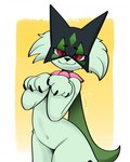 ambiguous_gender anthro black_nose border fur green_body green_fur navel simple_background smile solo standing white_border yellow_background rodd.y nintendo pokemon generation_9_pokemon meowscarada pokemon_(species) 2023 hi_res