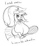 anthro big_breasts bottomwear breast_squish breasts clothed clothing collar fangs female fur hair huge_breasts long_hair shirt skirt solo sport squish teeth tennis tennis_racket text topwear visor wide_hips fyxe_(artist) fyxe canid canine fox mammal english_text monochrome