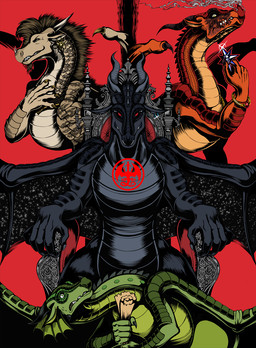 female feral group male sitting smile smirk wound_on_face alrd-a_little_red_dragon mythology wings_of_fire chameleon_(wof) darkstalker_(wof) scarlet_(wof) vulture_(wof) dragon mythological_creature mythological_scalie scalie hi_res portrait