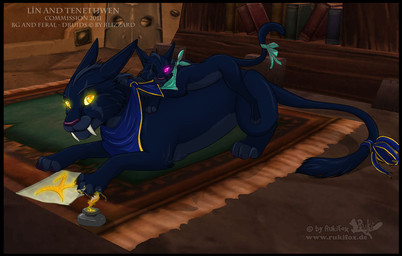 accessory ambiguous_gender black_border border bow_(feature) bow_accessory bow_ribbon clothing duo feral feral_druid furgonomics glowing kerchief looking_at_viewer pink_eyes ribbons tail tail_accessory tail_bow tail_ribbon yellow_eyes young young_feral rukifox blizzard_entertainment warcraft nachtsturm domestic_cat felid feline felis mammal night_elf_(feral) 2011