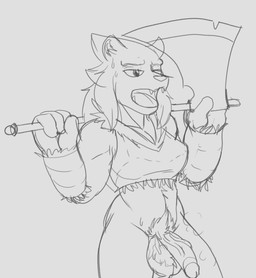 anthro axe balls bodily_fluids bottomless breath clothed clothing genitals gynomorph humanoid_genitalia humanoid_penis intersex melee_weapon musk panting penis pubes solo sweat weapon fourssss vargas_(fours) canid canine canis mammal warg_(fours) wolf digital_drawing_(artwork) digital_media_(artwork) hi_res monochrome portrait three-quarter_portrait