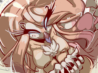 beak big_breasts big_hair blue_eyes breasts chest_tuft crown cupped_hands eyelashes female fluffy_ears fur glowing glowing_eyes hair headgear long_ears long_eyelashes looking_at_viewer multicolored_body multicolored_fur nails nipples scroll sharp_nails solo tan_body tan_fur tongue tongue_out tuft yellow_body yellow_fur zombiezest hazbin_hotel hellaverse speaker_of_god_(hazbin_hotel) angel angel_humanoid avian humanoid hi_res