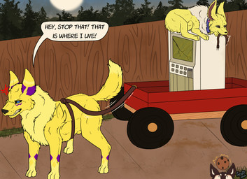 angry animal_genitalia cheek_tuft chewing collar computer duo electronics facial_tuft feral fluffy fluffy_tail fully_sheathed genitals looking_back lying neck_tuft outside pulling_wagon rope sheath side_view tail text tuft vehicle wagon parooty bandai_namco digimon nintendo pokemon canid canine digimon_(species) eeveelution generation_1_pokemon jolteon mammal pokemon_(species) renamon absurd_res english_text hi_res