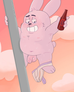 alcohol anthro balls beer beverage blush clothing drunk flaccid foreskin genitals humanoid_genitalia humanoid_penis male navel nipples nude overweight overweight_anthro overweight_male partially_retracted_foreskin penis smile solo streaking substance_intoxication underwear heathenpixel cartoon_network the_amazing_world_of_gumball richard_watterson lagomorph leporid mammal rabbit hi_res