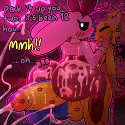 anthro big_penis bodily_fluids bunny_costume clothing costume cum ejaculation female genital_fluids genitals huge_penis humanoid_genitalia humanoid_penis hyper hyper_genitalia hyper_penis kiss_mark making_out male male/female multicolored_body penis saliva saliva_string text two_tone_body oxyoxyoxyox marshmallow_(oxyoxyoxyox) canid canine fox lagomorph leporid mammal rabbit 1:1 character_request hi_res