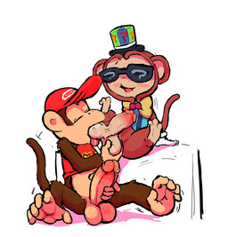anthro ball_fondling ball_grab ball_suck balls baseball_cap big_balls big_penis blush bottomless bow_(feature) bow_tie clothed clothing duo erection eyes_closed eyewear feet fondling foreskin genitals hat headgear headwear humanoid_genitalia humanoid_penis male male/male masturbation motion_lines oral penile penile_masturbation penis prehensile_feet retracted_foreskin sex shirt simple_background sitting small_but_hung spread_legs spreading sucking sunglasses tank_top toes tongue tongue_out top_hat topwear vest white_background redemption3445 donkey_kong_(series) konami nintendo yu-gi-oh! diddy_kong quiz_monkey duel_monster haplorhine mammal monkey primate crossover digital_media_(artwork)
