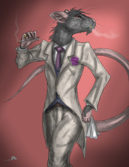 anthro black_body black_fur buckteeth cigarette clothed clothing flower fur handkerchief kerchief male necktie plant red_eyes ring ring_(jewelry) smoking solo suit teeth whiskers conditional_dnp whimsicalsquirrel mammal murid murine rat rodent