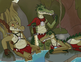 anthro bathing bottomwear brown_body brown_scales clothed clothing eyes_closed female green_body green_scales holding_melee_weapon holding_object holding_sword holding_weapon jewelry loincloth looking_at_viewer lying male melee_weapon moss necklace nipples on_front plant red_clothing relaxing rock scales sitting soaking spines swamp sword tail topless topless_male tree tribal vines water weapon yellow_eyes rhp legends_of_chima lego cragger_(legends_of_chima) crocodile crocodilian reptile scalie character_request hi_res