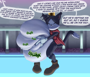 anthro belly big_belly clothing crown gloves handwear headgear inside male male_pred overweight overweight_male size_difference smaller_pred solo speech_bubble text vore bronzebanana celtic_mythology european_mythology final_fantasy final_fantasy_vii mythology square_enix cait_sith_(ff7) cat-sith felid mammal 2022 english_text hi_res