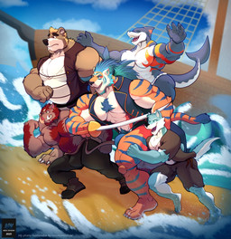 anthro group male muscular muscular_anthro muscular_male stripes arekusuwulf my_pirate_husbandos dropa_(my_pirate_husbandos) magdicus_(my_pirate_husbandos) poseidong_(my_pirate_husbandos) protagonist_(my_pirate_husbandos) sisyphelly_(my_pirate_husbandos) aquatic bear canid canine canis felid fish mammal pantherine shark suid suine sus_(pig) tiger wild_boar wolf hi_res