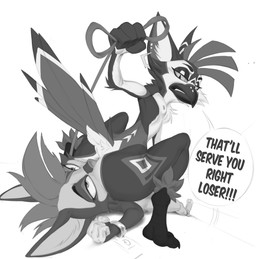 annoyed anthro beak bound butt crouching cuff_(restraint) dominant duo ear_piercing exclamation_point eye_roll facesitting feathers fur hair head_feathers leash leash_pull looking_pleasured nude piercing restraints shackled shackled_ankles shackled_wrists simple_background sitting_on_another submissive tail tail_feathers text white_background trashtikko avian bird lagomorph leporid mammal rabbit absurd_res black_and_white english_text hi_res monochrome sketch