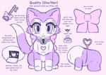 female fur heart_symbol key locket plushie purple_body purple_fur solo text toy yakkotsuki domestic_cat felid feline felis living_toy mammal english_text hi_res model_sheet