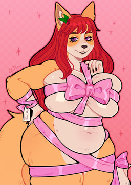 anthro bangs belly belly_overhang big_breasts black_claws black_nose blush bow_ribbon breast_squish breasts butt claws eyelashes female fur hair huge_breasts inner_ear_fluff long_hair looking_away overweight overweight_anthro overweight_female pink_background pink_ribbon purple_eyes red_hair ribbon_only simple_background smile solo squish standing tail tan_body tan_fur thick_thighs tuft wide_hips yellow_body yellow_fur szaris canid canine fox mammal 2025 colored digital_drawing_(artwork) digital_media_(artwork) flat_colors hi_res