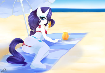 anthro anthrofied beach beverage bikini biped blue_eyes blush clothing container cutie_mark detailed_background female food glass horn jar juice_(beverage) light looking_at_viewer lying mane on_towel orange_juice outside parasol sand sea seaside shadow sky solo sun swimwear towel two-piece_swimsuit umbrella water chibi-chiaki friendship_is_magic hasbro my_little_pony mythology rarity_(mlp) equid equine mammal mythological_creature mythological_equine unicorn 2014