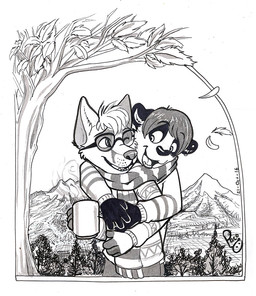 anthro anthro_on_anthro clothed clothing container cup duo eyewear front_view glasses gloves handwear holding_container holding_cup holding_mug holding_object hug hugging_another hugging_from_behind male male/male male_anthro mug one_eye_closed open_mouth open_smile outside scarf sharing_clothing sharing_scarf smile sweater tongue topwear pandapaco bear canid canine fox giant_panda mammal 2016 dated monochrome signature